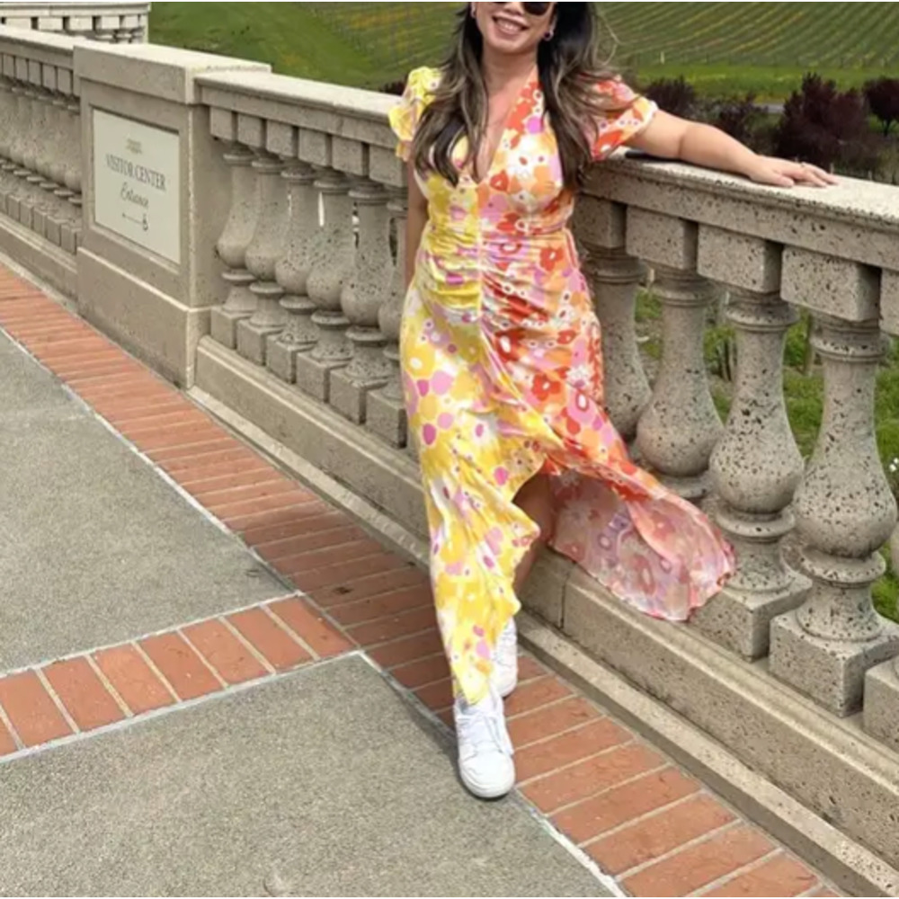 Rixo Whimsical Floral Colorblock Maxi Dress SMALL Ruched Orange Party Fun $420 - Picture 10 of 16